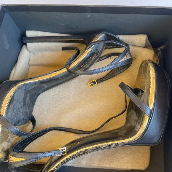 Saint Laurent Paris Platform Sandals 39.5 Gold/Black Leather Thin Ankle Strap - Picture 3 of 10